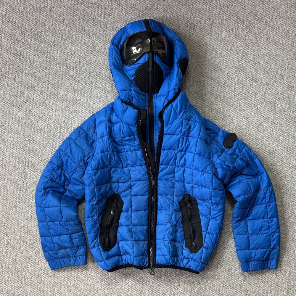 Blue Quilted Hooded Jacket with Black Accents